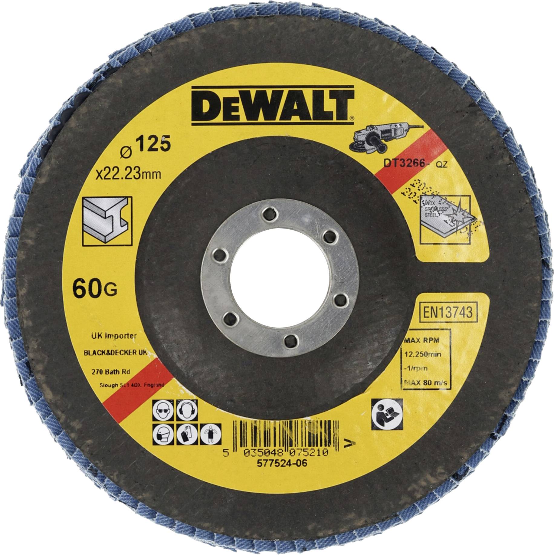 DEWALT grinding disc, 125mm diameter, 60 grit. Suitable for metalworking. Yellow lettering on a black background.