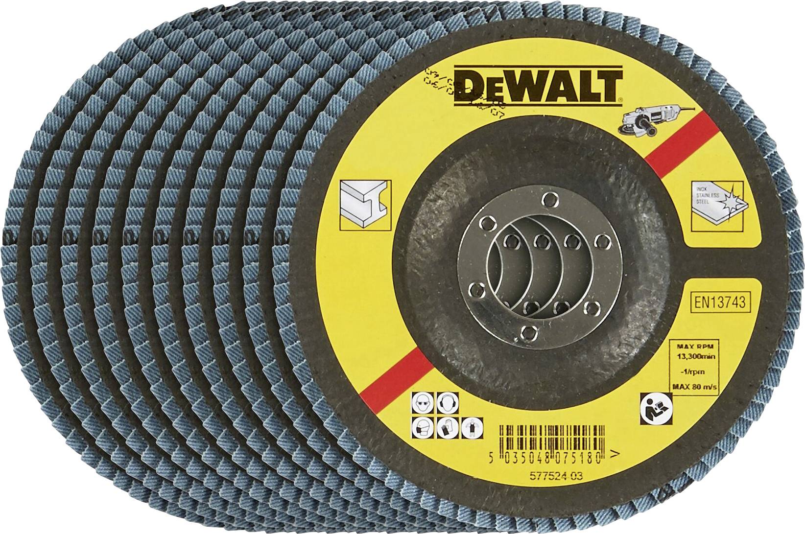 A stack of DeWalt grinding discs, marked with technical details such as diameter (115 mm) and maximum rotational speed (13,300 rpm).