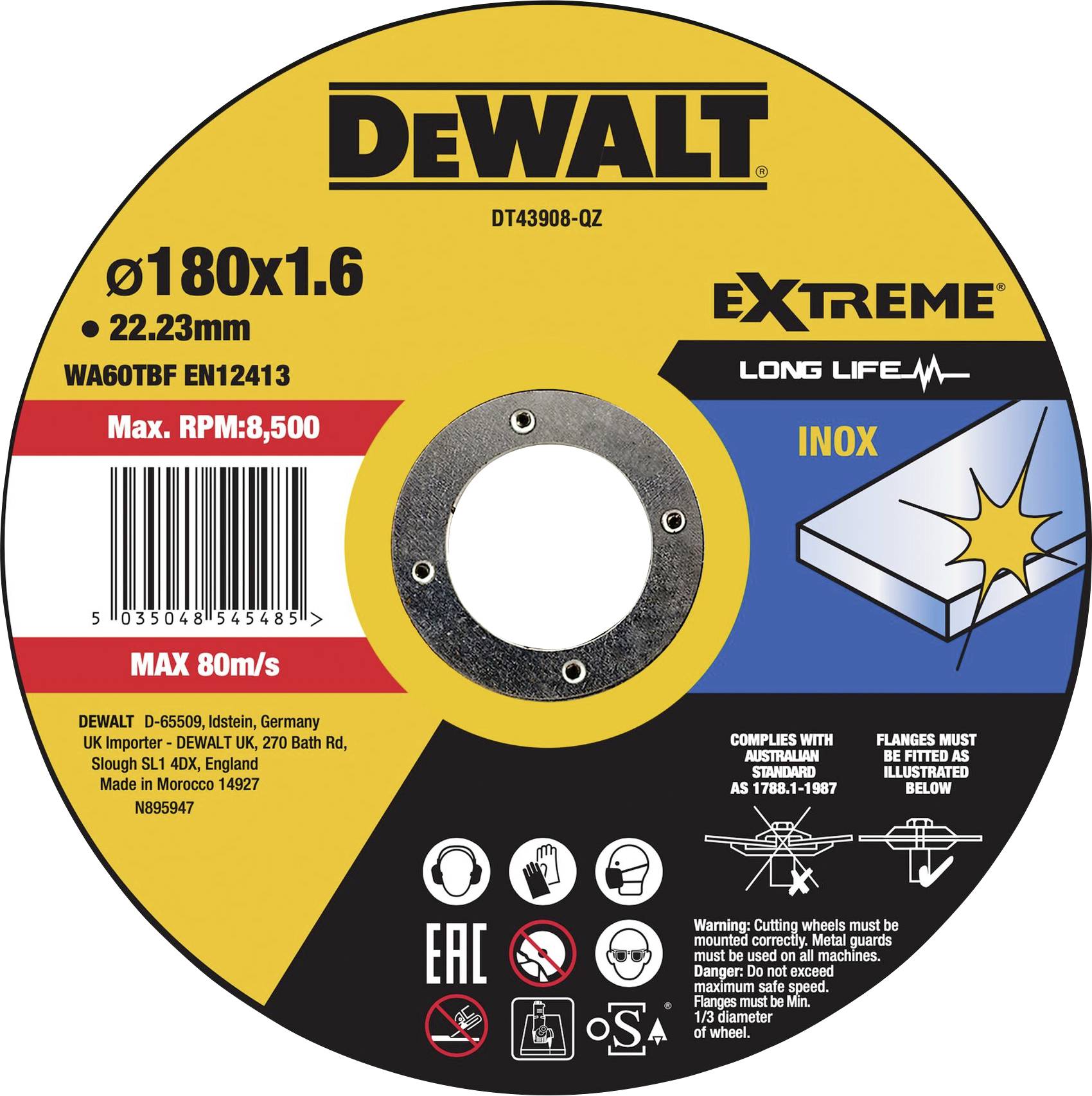 DEWALT Grinding Disc Ø180x1.6mm, 22.23mm Bore, Max. RPM: 8,500 and max. Speed: 80m/s. Suitable for Stainless Steel.