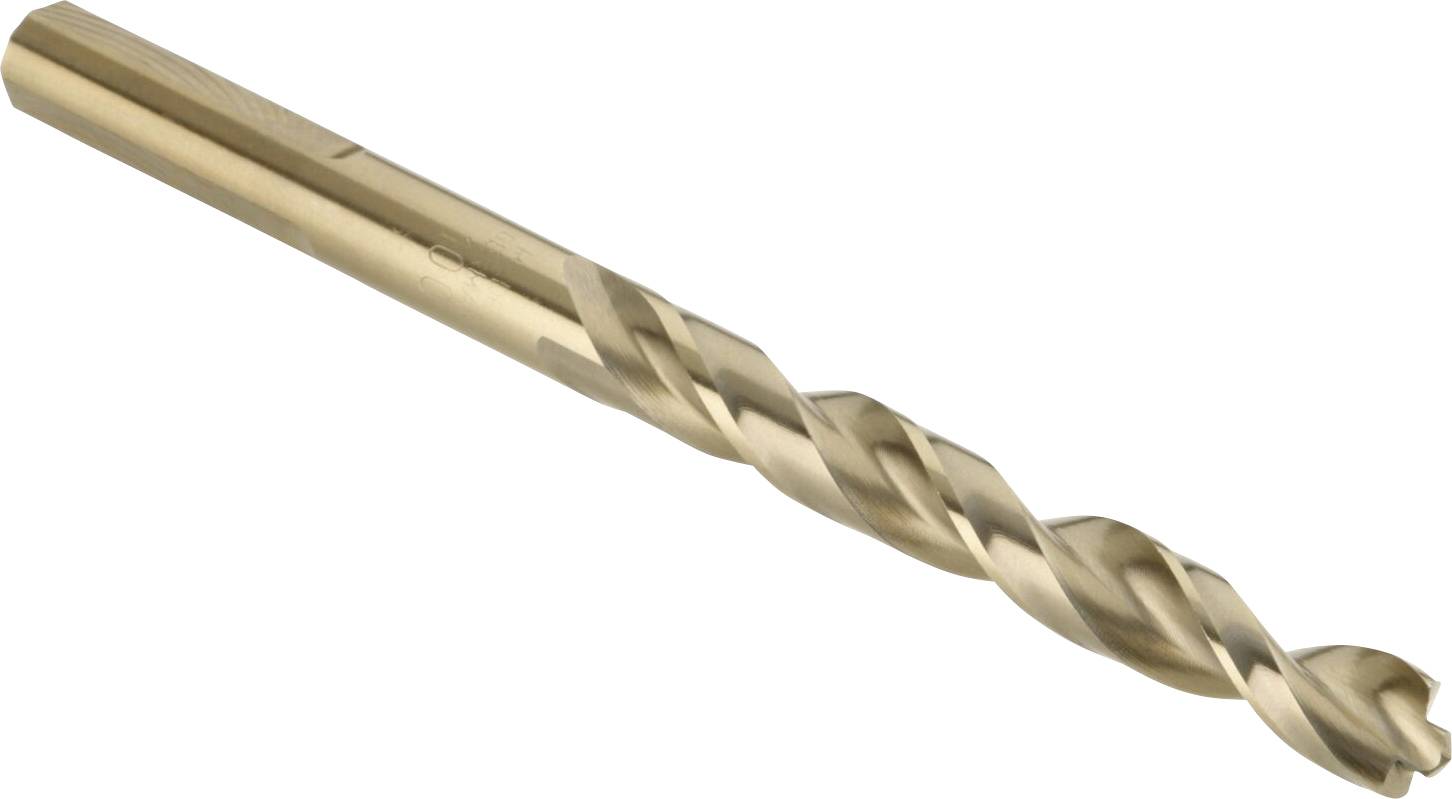 A single metal drill bit with spiral grooves, made of shiny metal, lies at an angle pointing upwards on a white background.