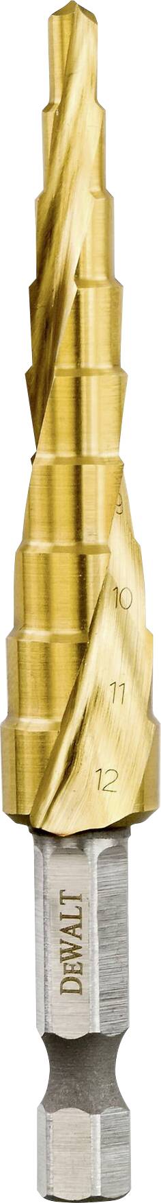 Steel step drill with gold coating, multiple cutting edges in various sizes, suitable for metalworking.