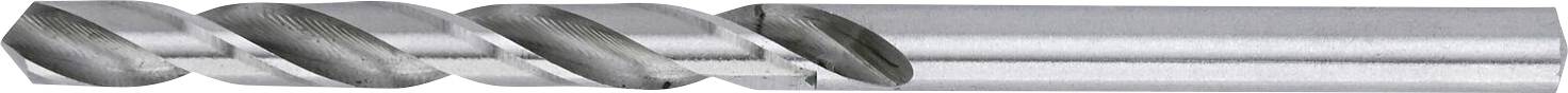 A grey, double-edged metal spiral drill bit with a smooth, shiny surface.
