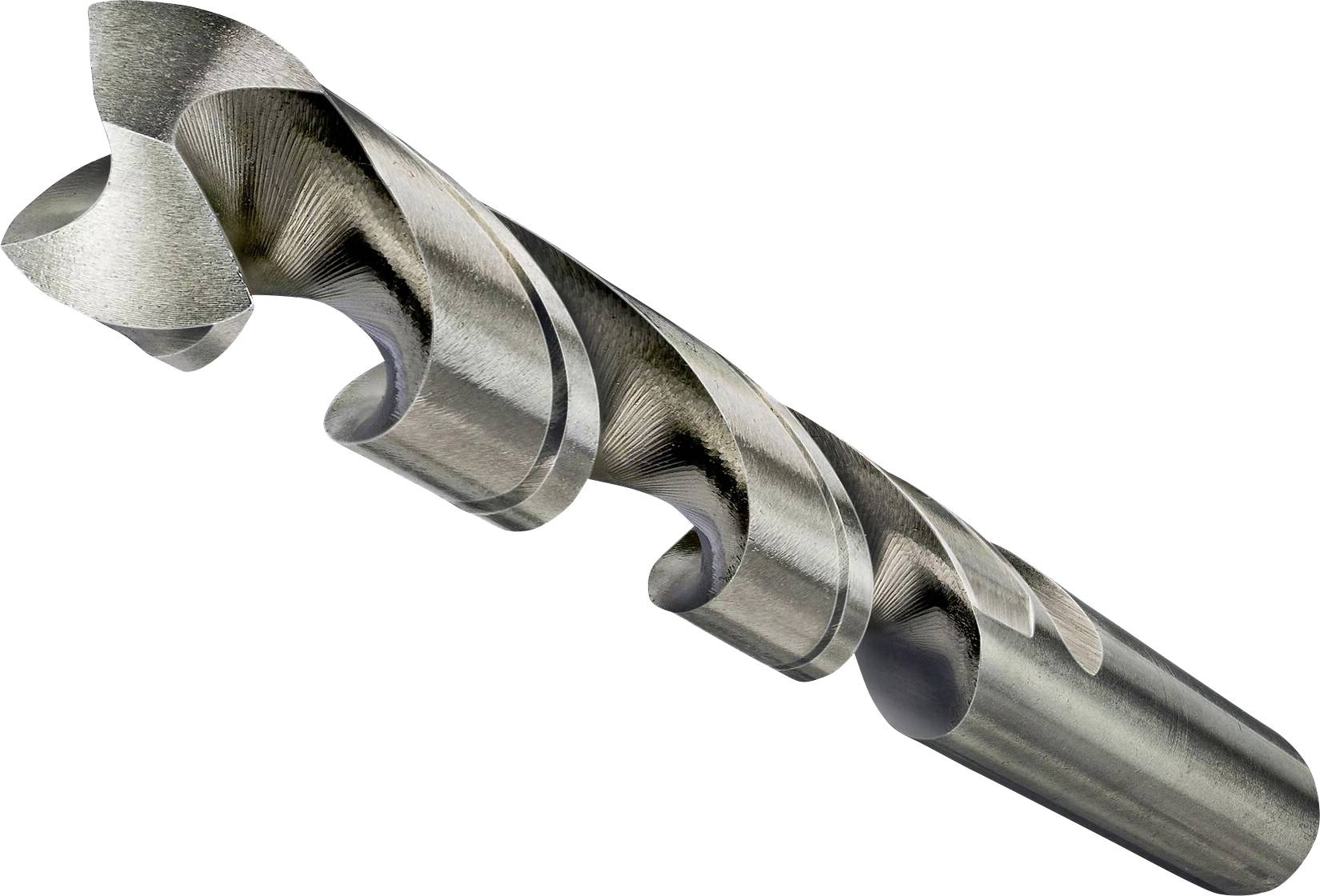 A silver spiral drill bit with a sharp point, suitable for metal or wood drilling, appears to be hovering against a white background.