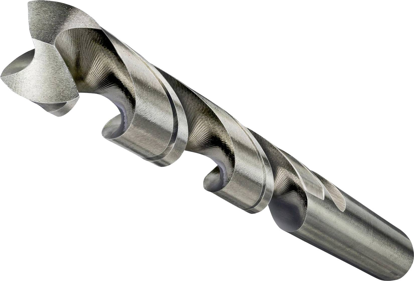 Metal drill with a spiral design, polished steel, suitable for drilling into metal surfaces.