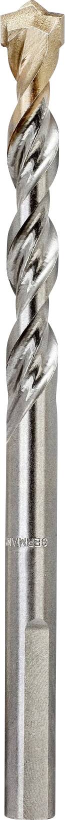 Grey metallic drill bit with a silver spiral and golden tip, likely used for drilling into hard materials.