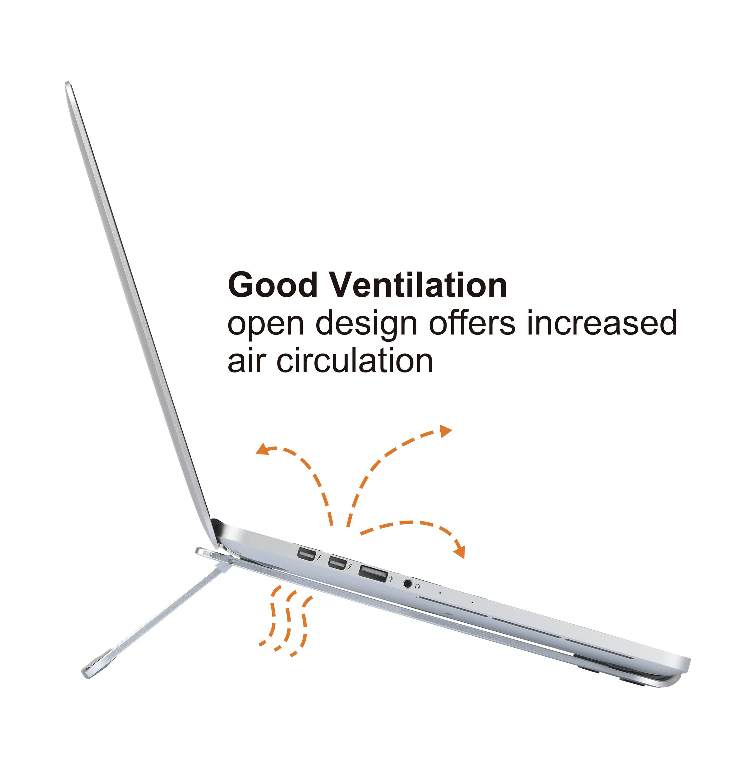 Ein Laptop mit leicht angehobenem Deckel zeigt Lüftungs-wirksame Pfeile. Text besagt: 'Good Ventilation - open design offers increased air circulation.'