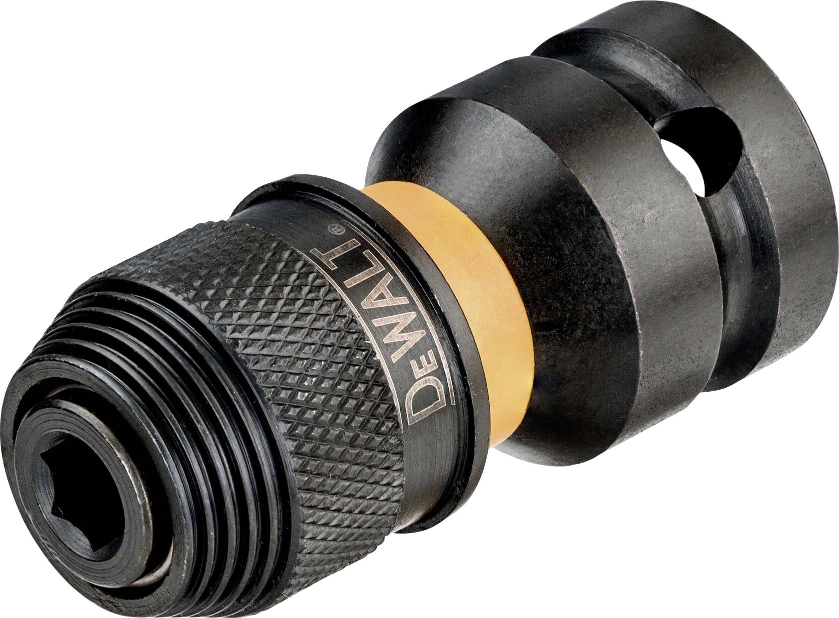 A black quick-change drill chuck adapter with a yellow ring, suitable for tools or drill bits from the DEWALT brand.