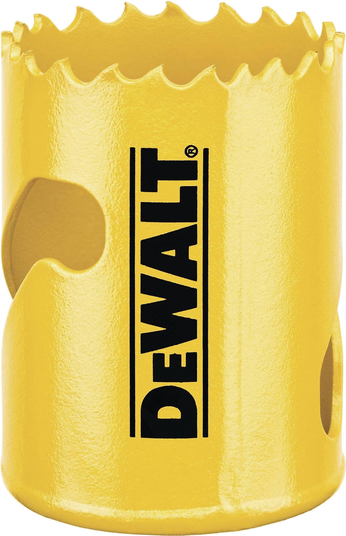 Yellow DeWalt drill crown with serrated edge and 'DEWALT' text in black vertically centred.