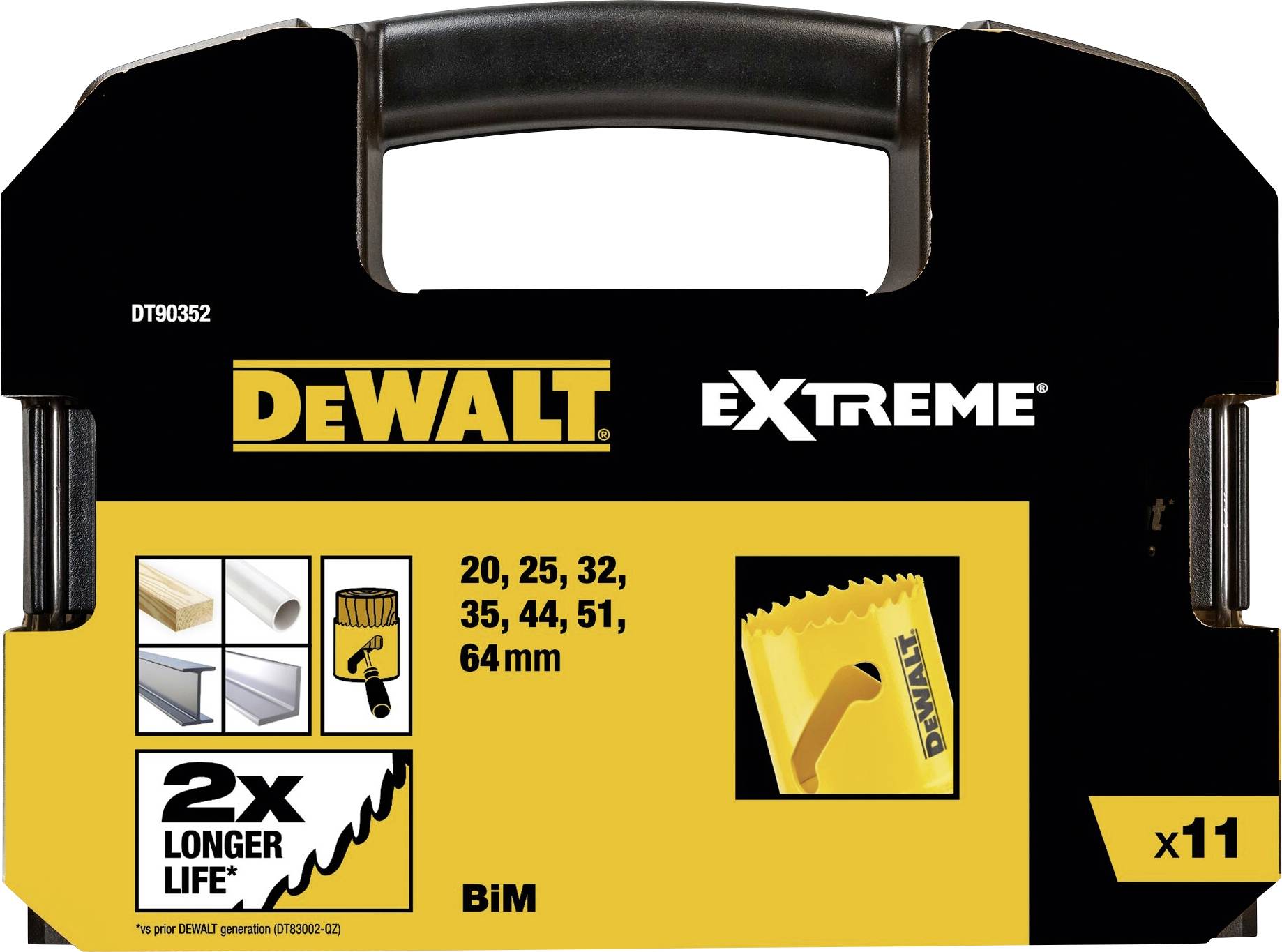 Packaging for a DEWALT hole saw set for metal, sizes 20-64 mm, containing 11 pieces. Highlighted with '2x longer lifespan'.