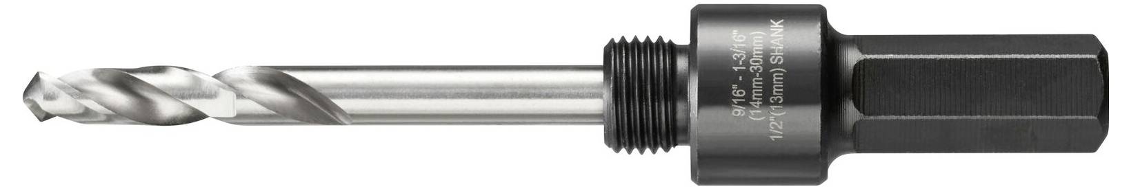 Metal drill bit with thread, suitable for machine drilling; silver spiral with black hexagonal handle.