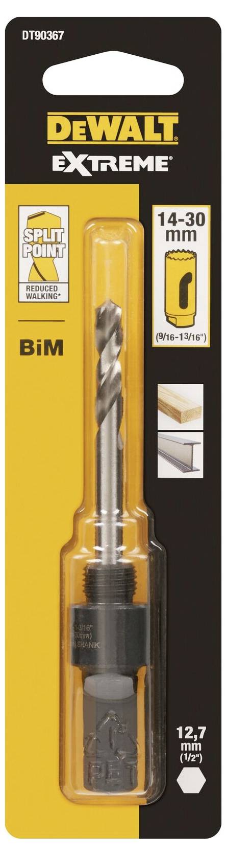 Drill bit set in packaging, 'DeWalt Extreme' brand, suitable for 14-30 mm holes, with Split Point technology for metal and wood.