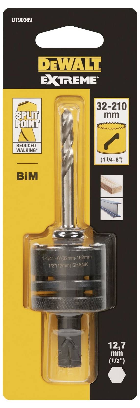 Packaging for a DeWalt BiM hole saw set, suitable for holes 32-210 mm and 12.7 mm (1/2