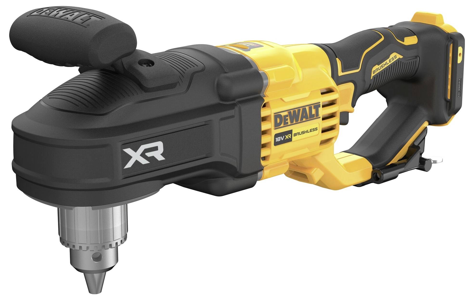 A black and yellow cordless angle drill with 'DEWALT' logo. Grip on top and side, suitable for tight and hard-to-reach spaces.