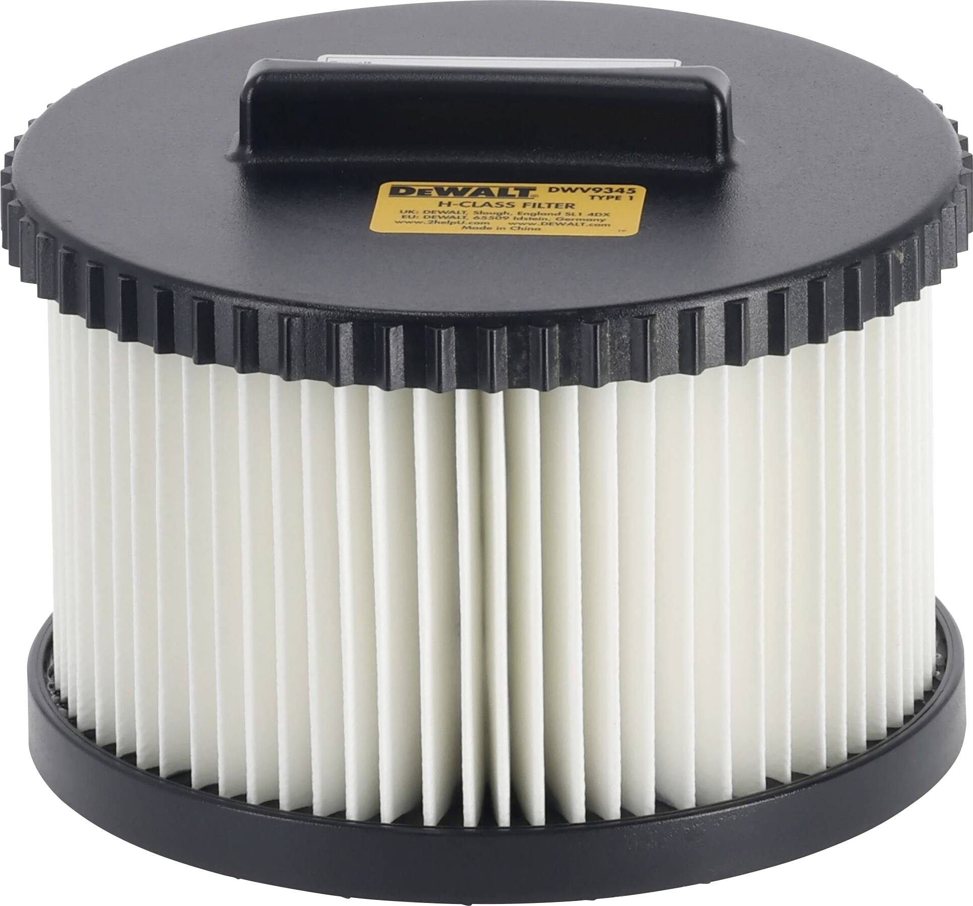 A round, black filter with vertical white louvres, with a handle on top. Label in yellow with the inscription: 'DEWALT DXVC6914'.