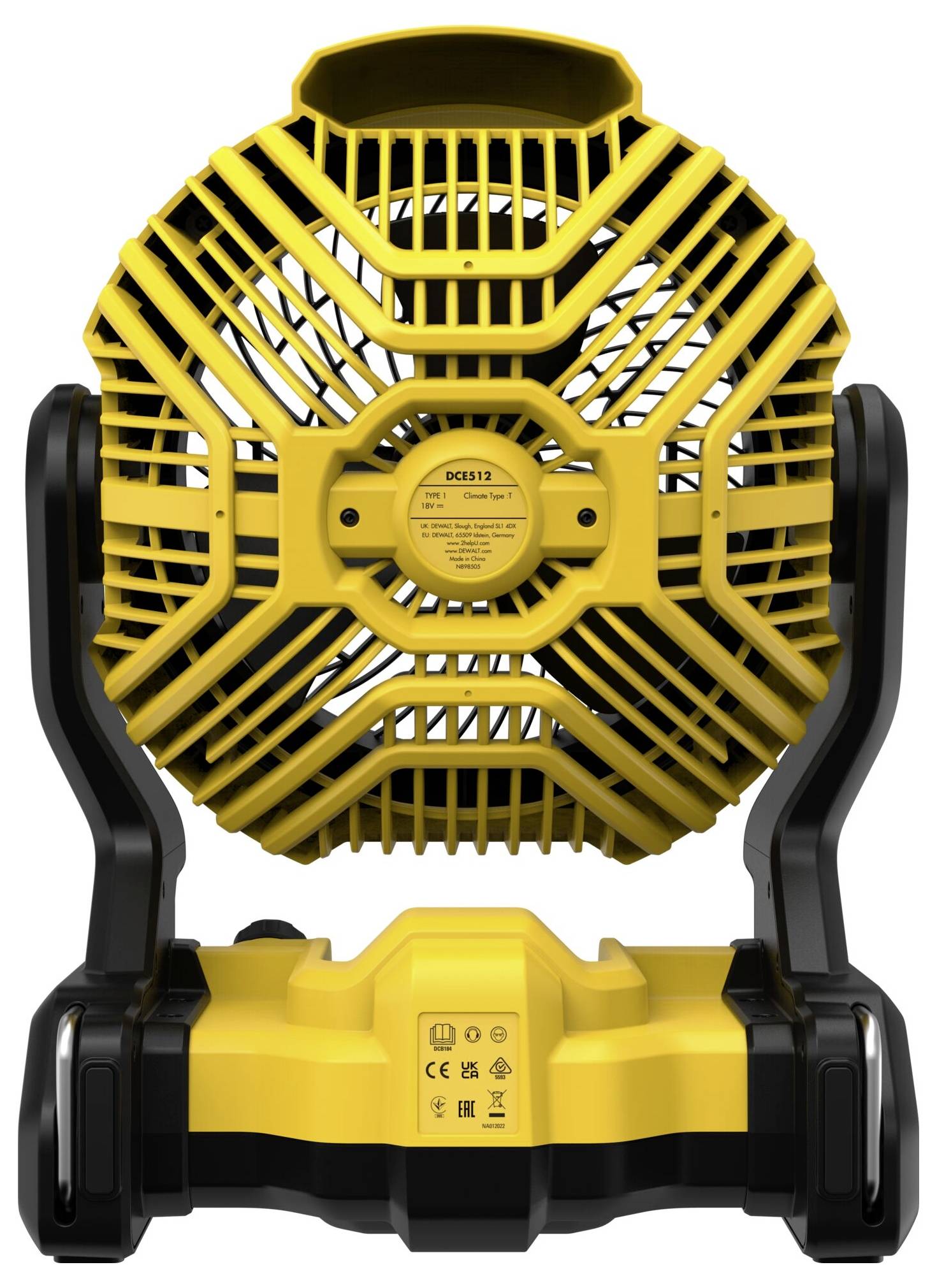 Portable, yellow and black, battery-powered fan with a sturdy frame and mesh protective guard.