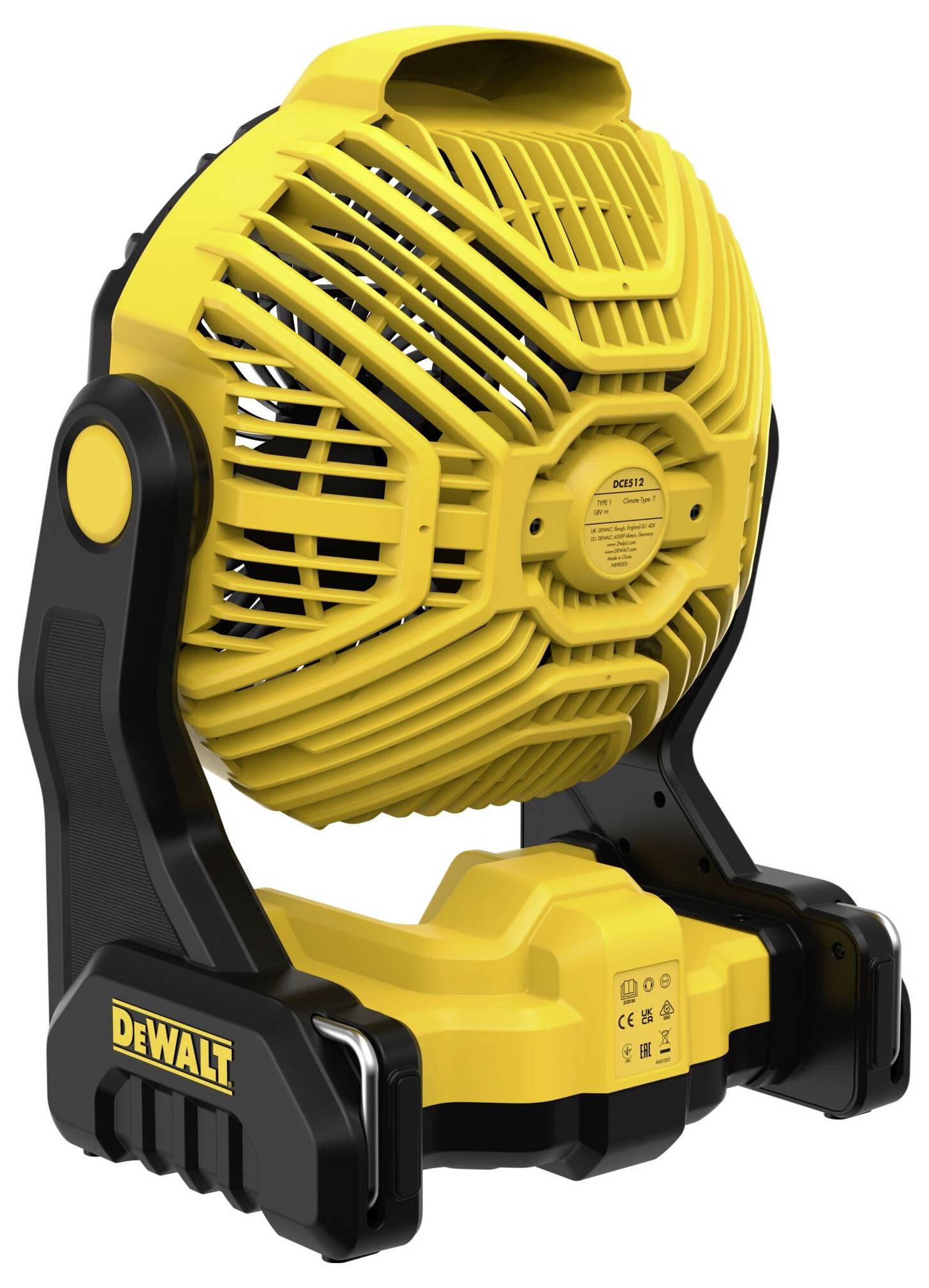 Yellow, portable fan with a black stand. 'DeWALT' brand logo visible at the bottom. Device suitable for versatile applications.