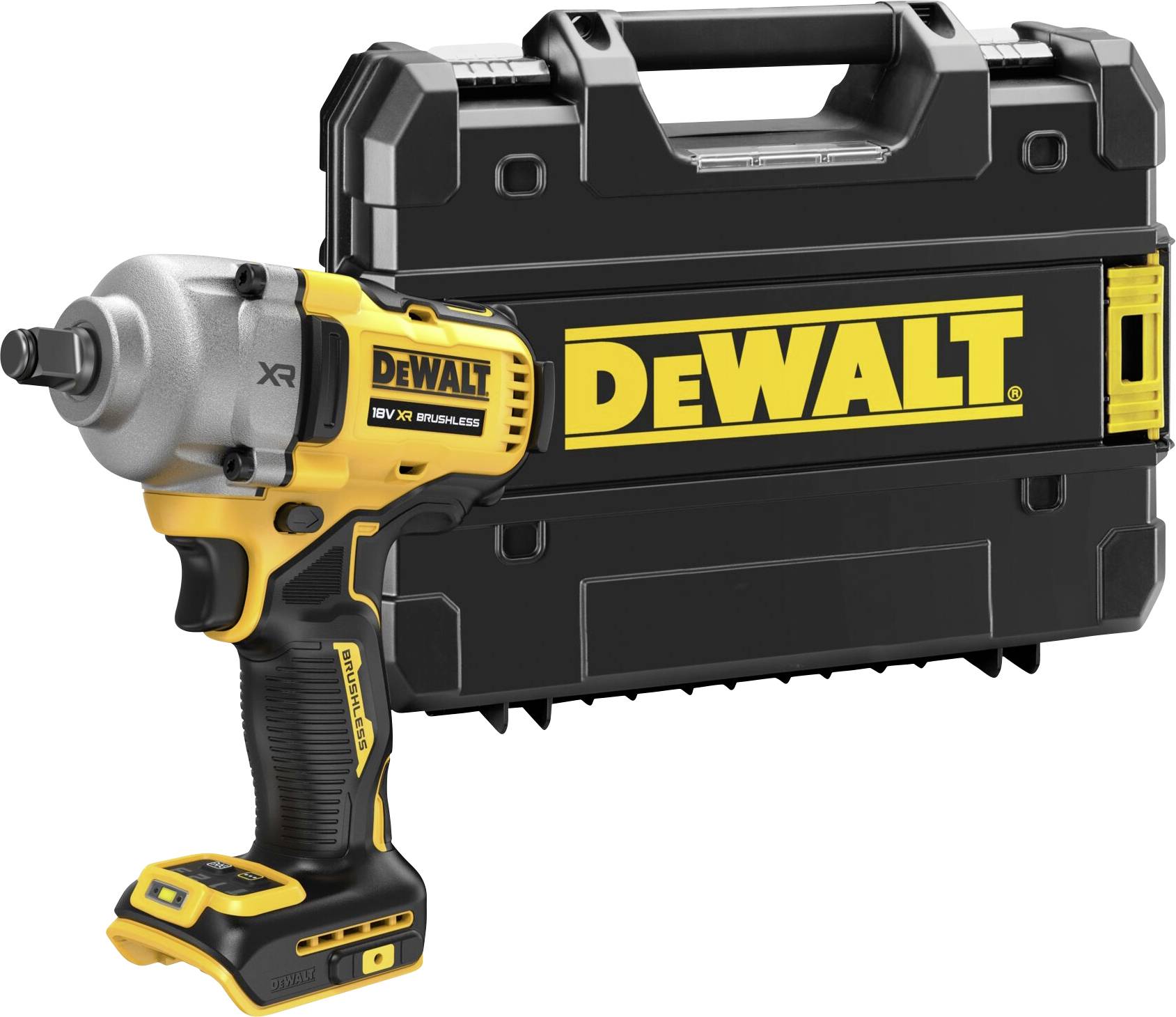 DEWALT cordless impact driver placed in front of a black tool case. Key feature: cordless, compact, with ergonomic handle.