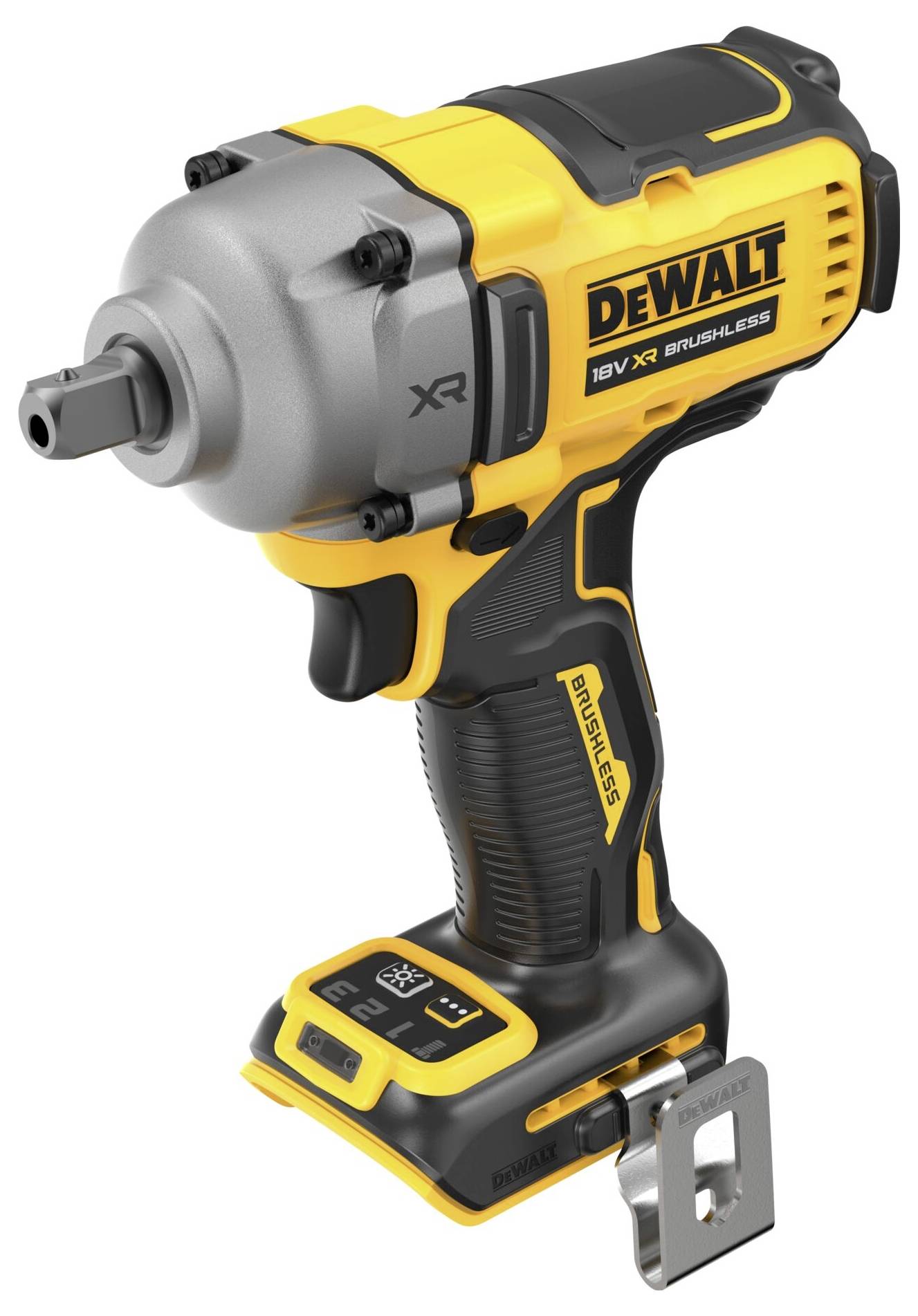 Cordless impact driver in yellow and black with ergonomic handle, logo and performance indicator, suitable for professional use.