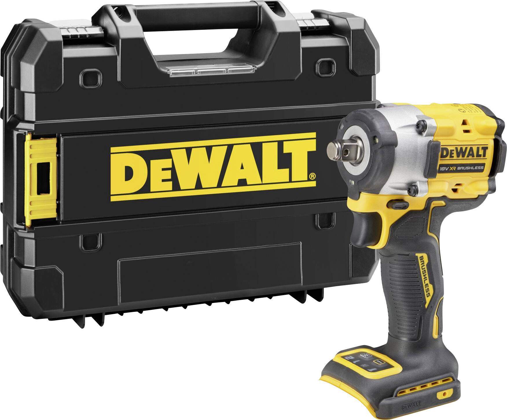 A yellow DeWalt impact driver beside a black DeWalt case. Ideal for construction or DIY work.