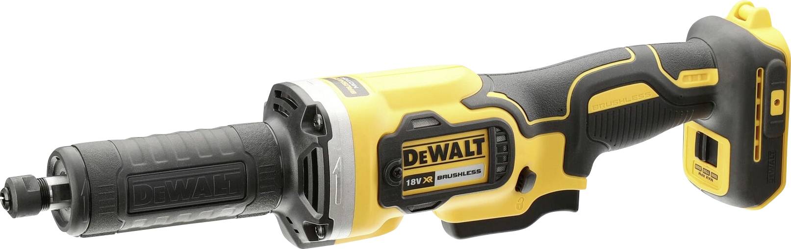 A yellow and black DeWalt cordless angle grinder with an ergonomic handle and side operating control.