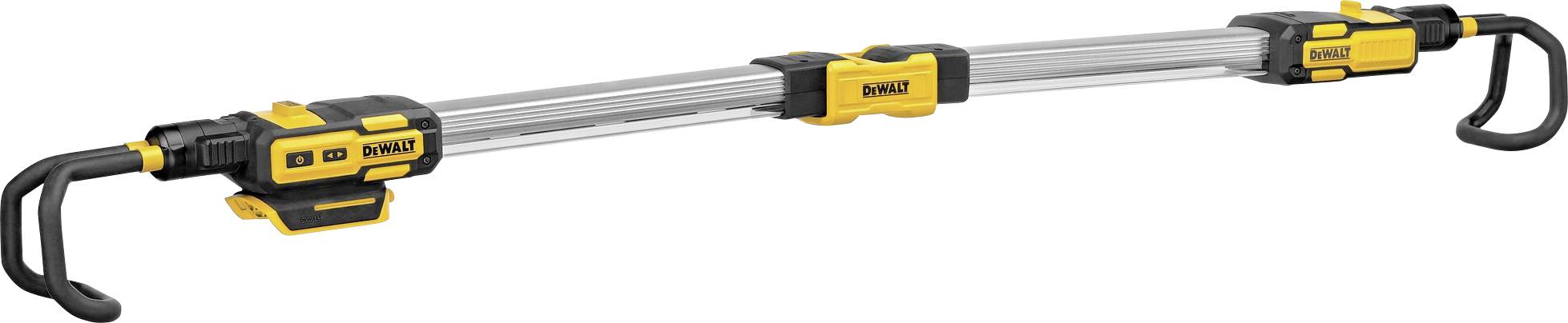 A yellow and black DeWalt LED lamp with hooks at both ends, perfect for illuminating work areas.