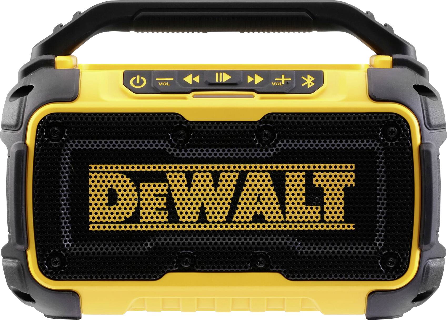 A yellow and black portable speaker with brand logo and controls for volume, playback, and Bluetooth.