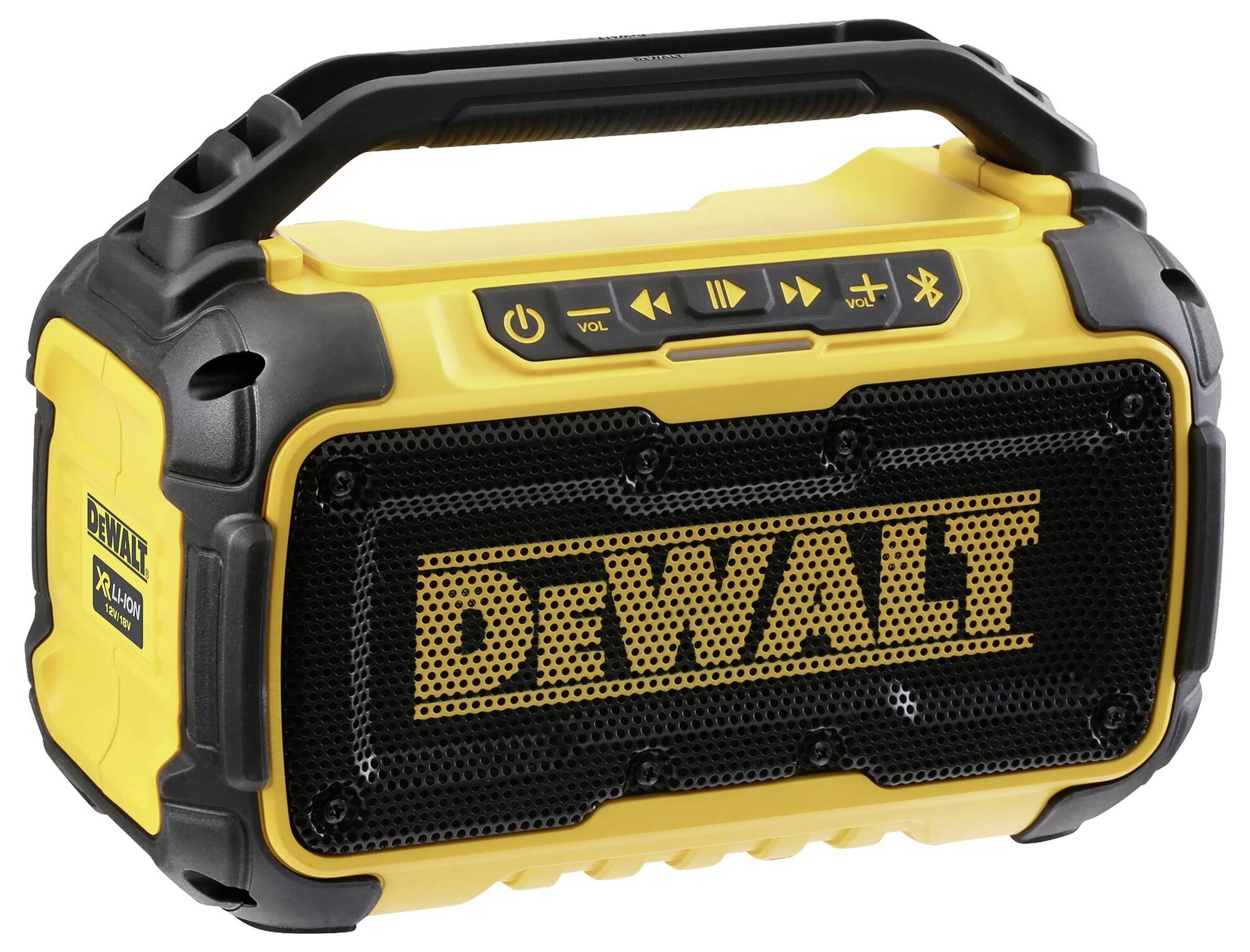 Portable yellow and black Bluetooth speaker with volume buttons and wireless symbols on top.