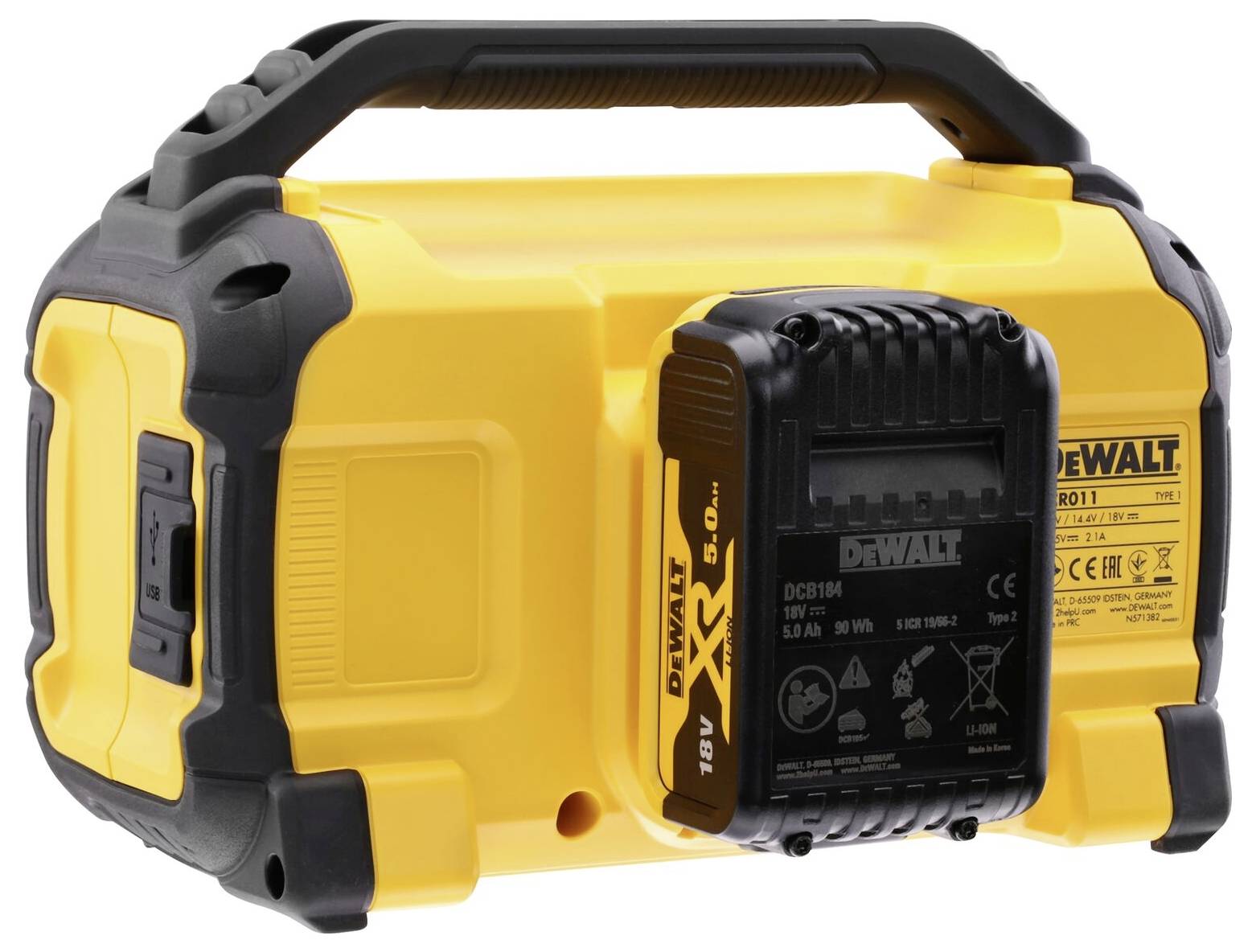 Yellow portable construction site radio with black accents, robust design and carry handle. The 'DeWalt' brand prominently displayed.