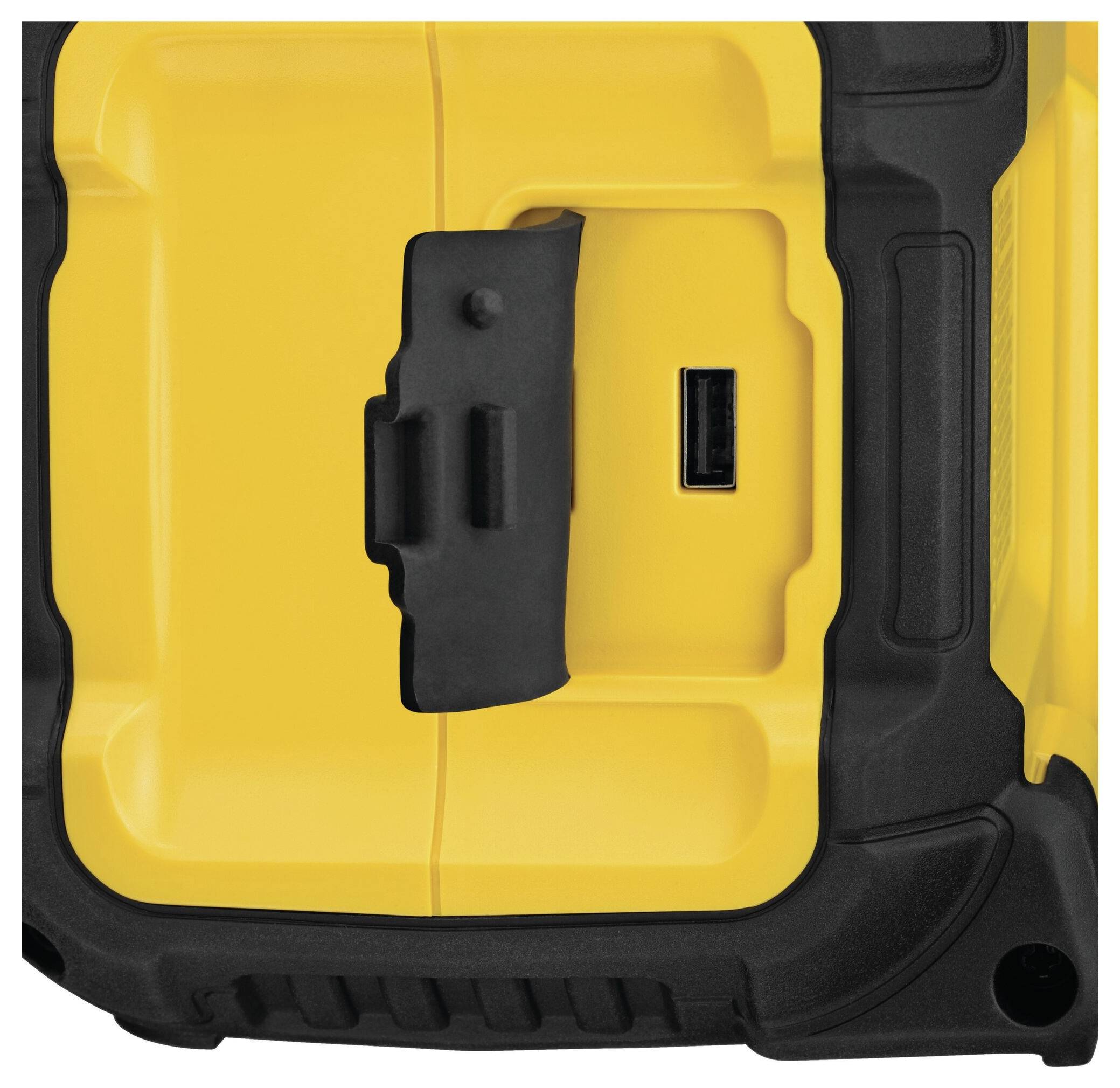 Yellow housing with black handle and built-in USB port.