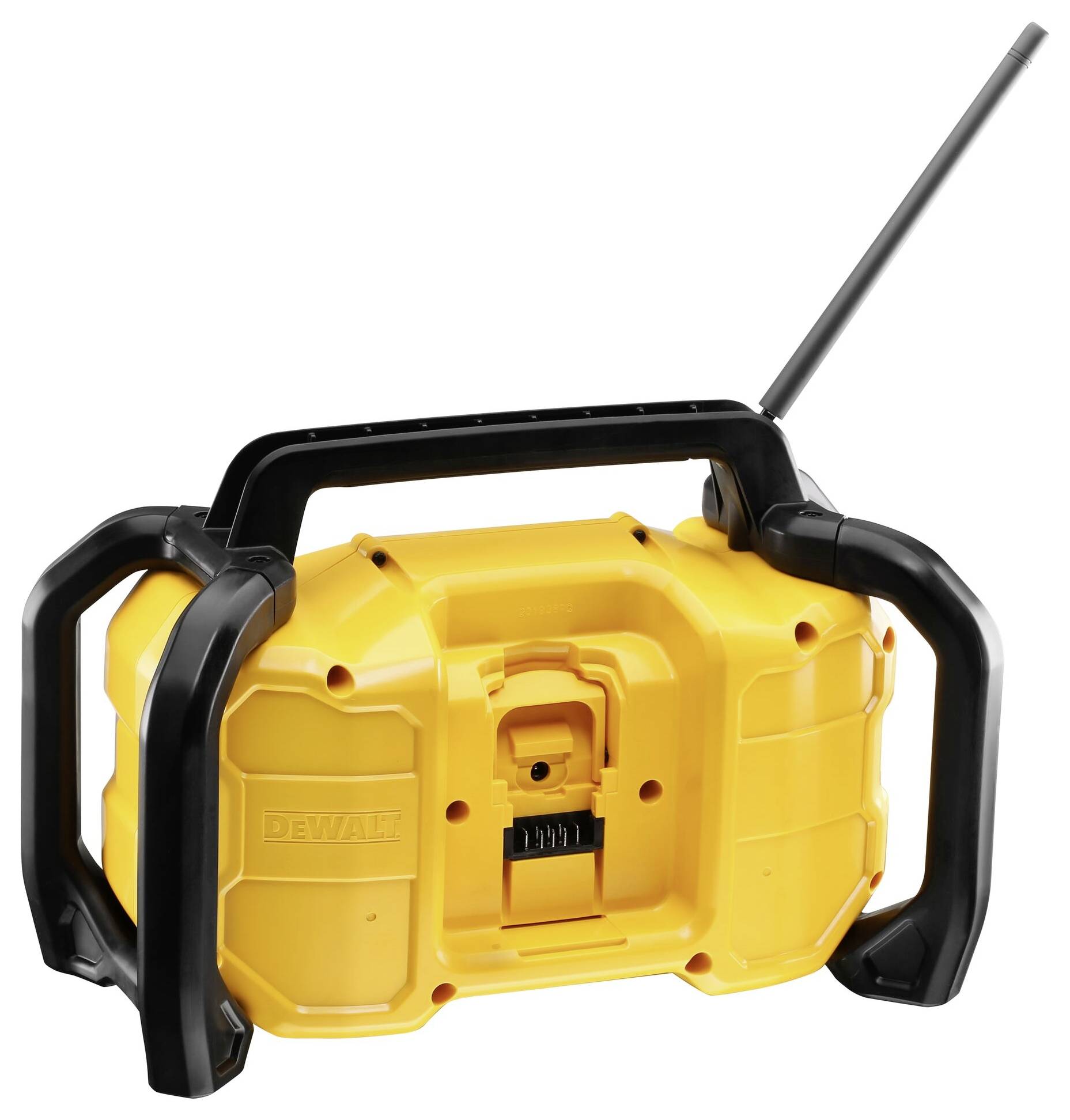 A yellow site radio with a black handle and long aerial. It has robust covers and is suitable for outdoor use.