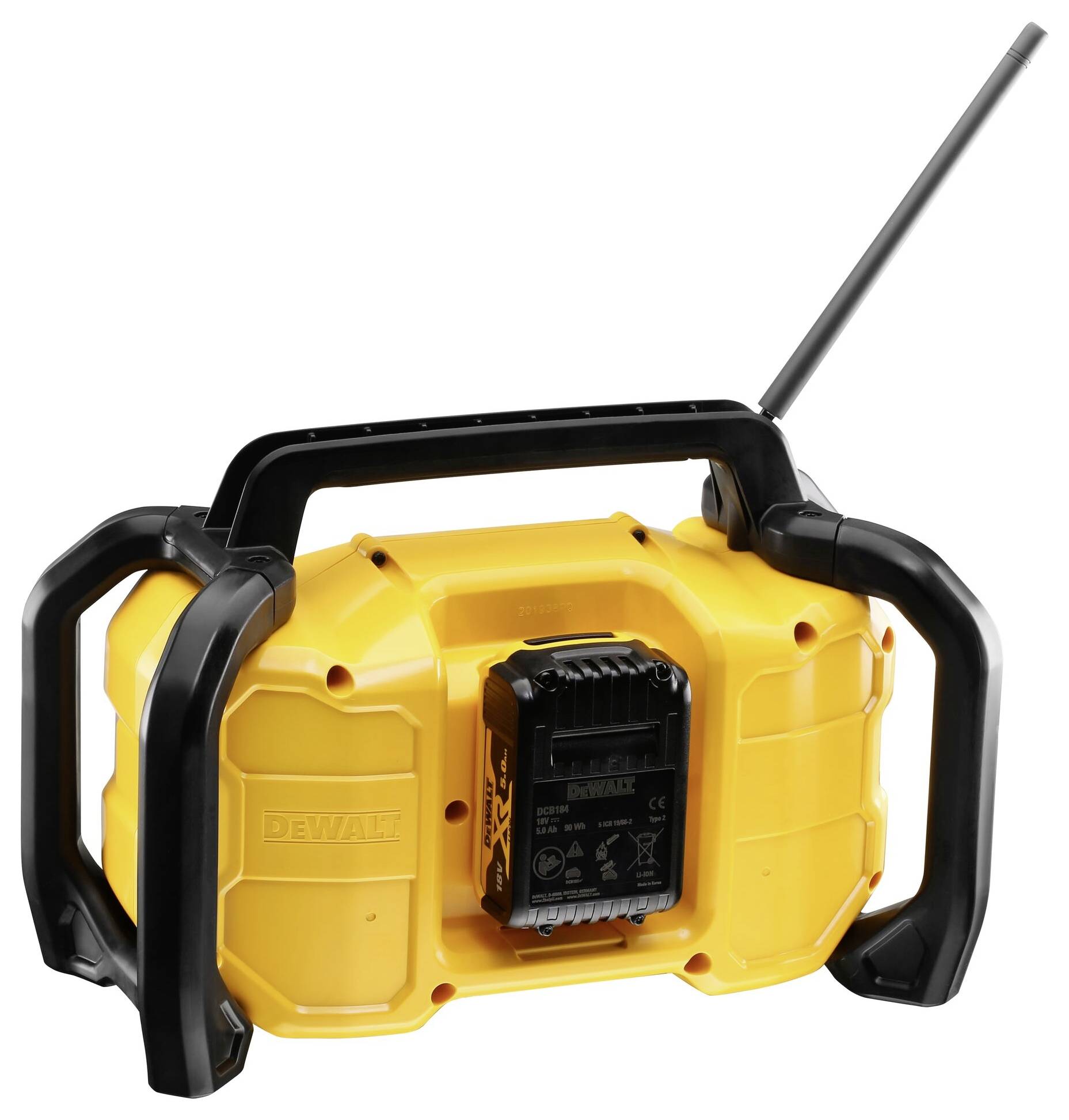 Portable yellow construction site radio with black carrying handle and extended aerial.