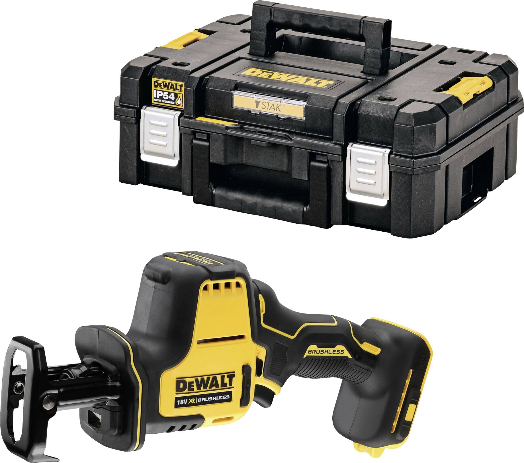 Cordless reciprocating saw and tool case by DeWalt. The saw is yellow and black with an ergonomic handle. The case is robust and black.