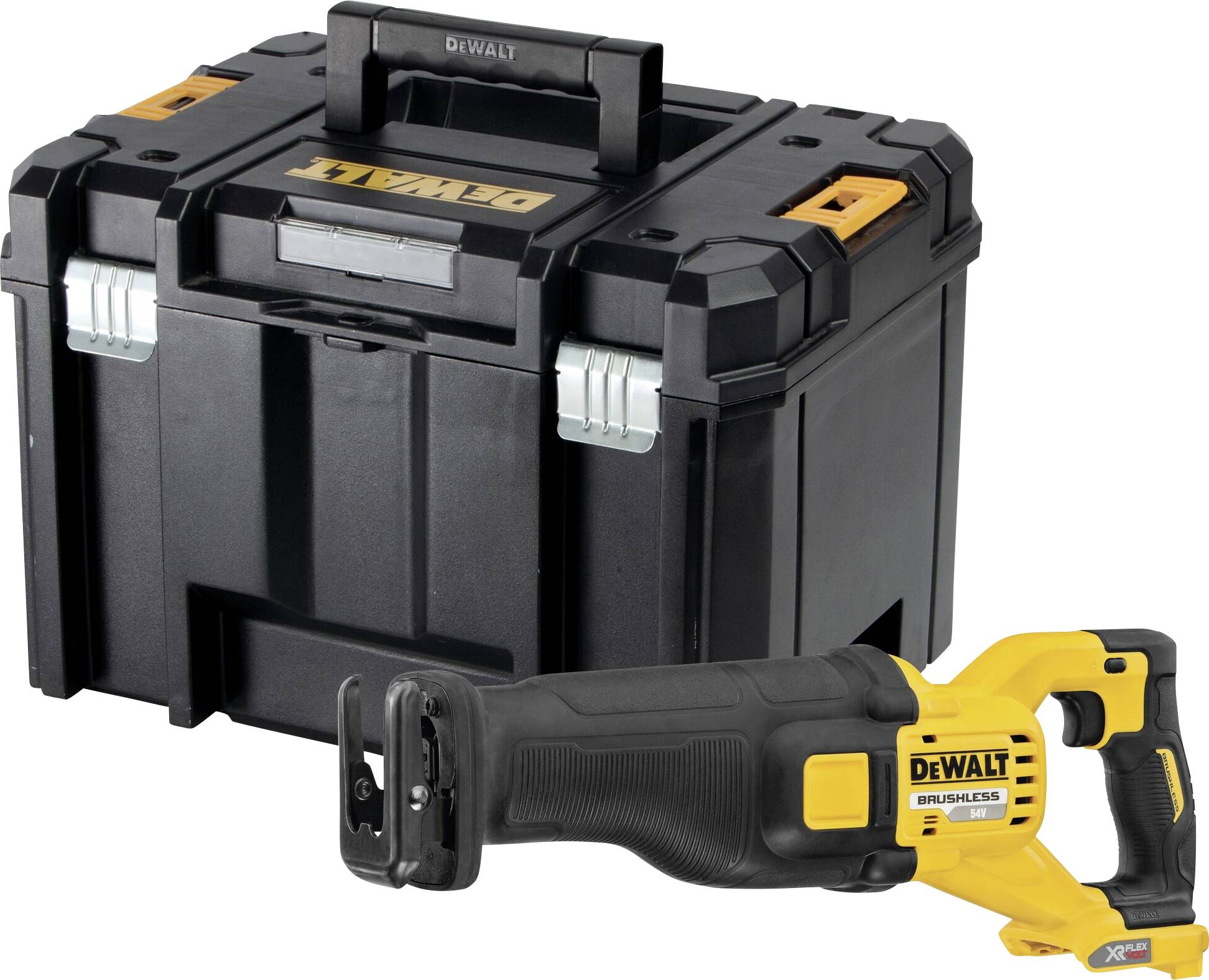 A yellow DeWalt cordless reciprocating saw is placed in front of a black tool case with the DeWalt logo.