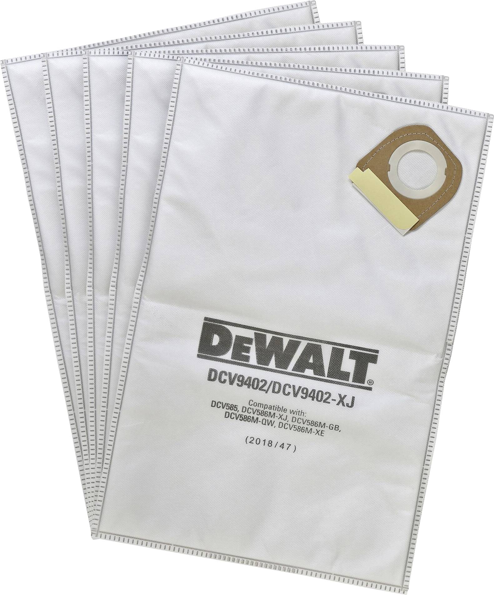 Five white vacuum cleaner bags by Dewalt, model DCV9402/DCV9402-XJ, with brown cardboard closure, on a white background.