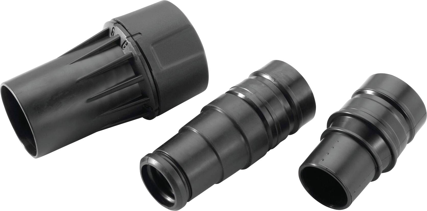 Three black plastic adapters in different shapes and sizes.