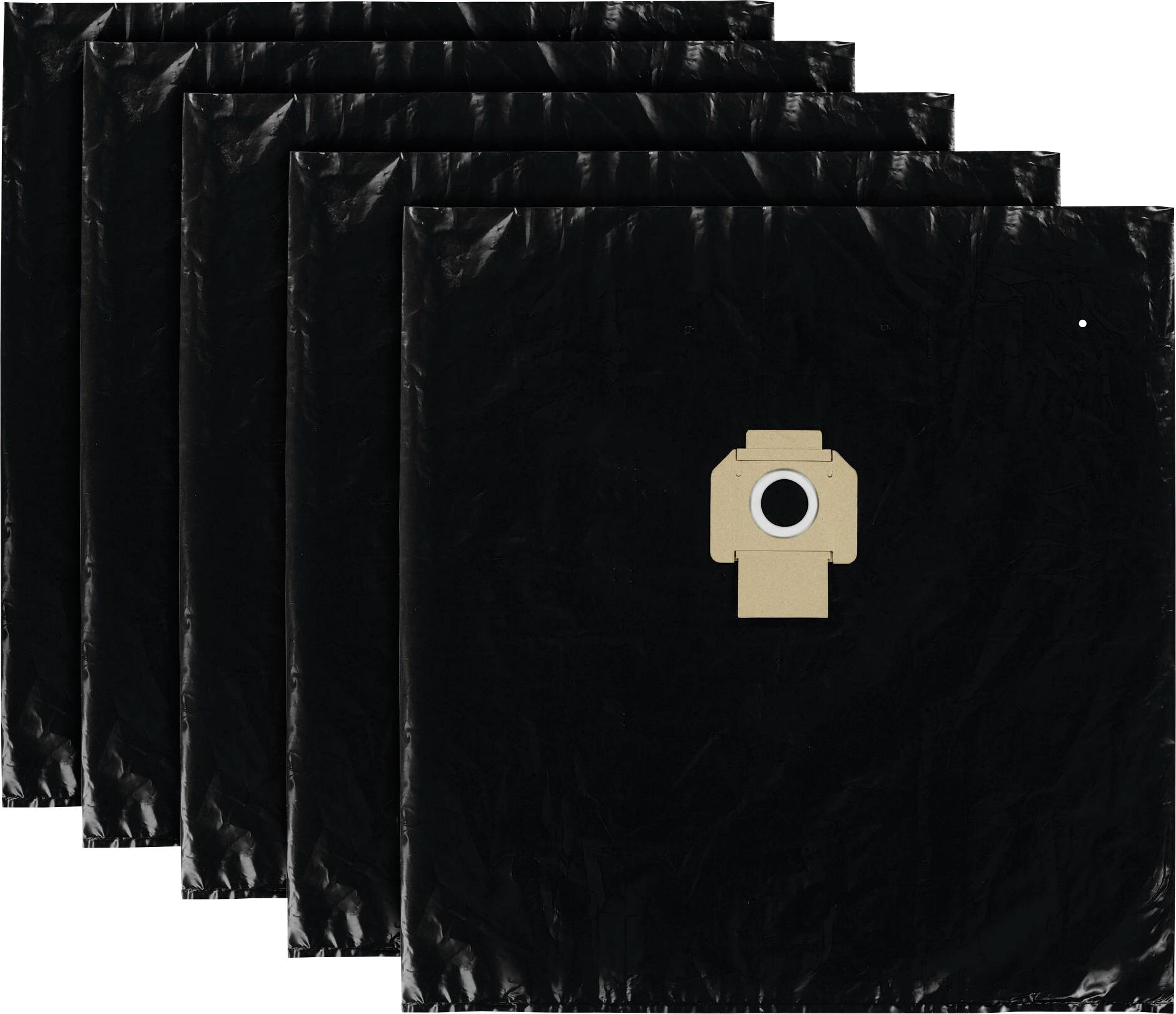 Five black vacuum cleaner bags with a circular opening in the centre, arranged side by side.