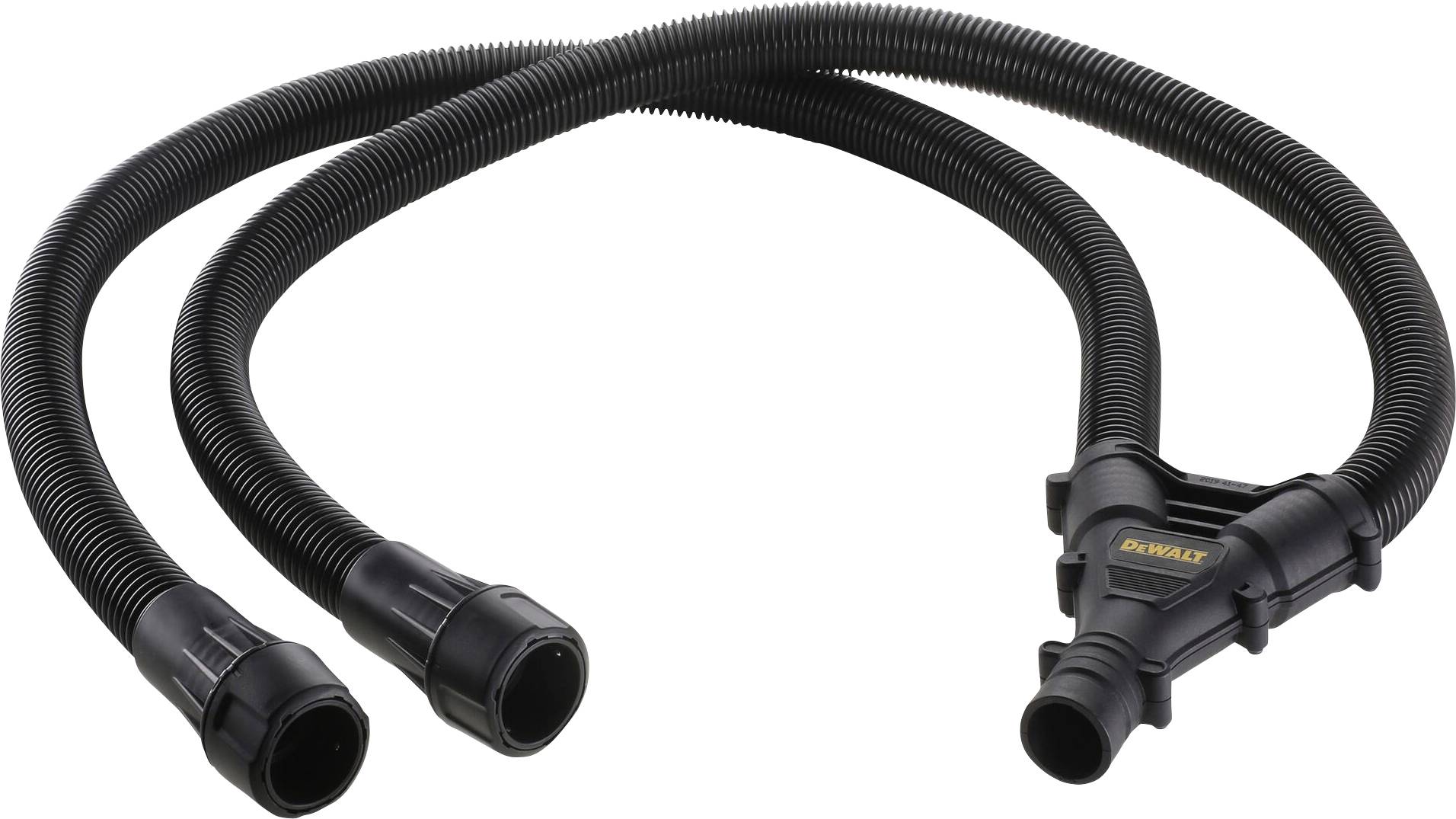 Black, flexible dual vacuum hose with two end connectors, suitable for tools and dust-free working environments.