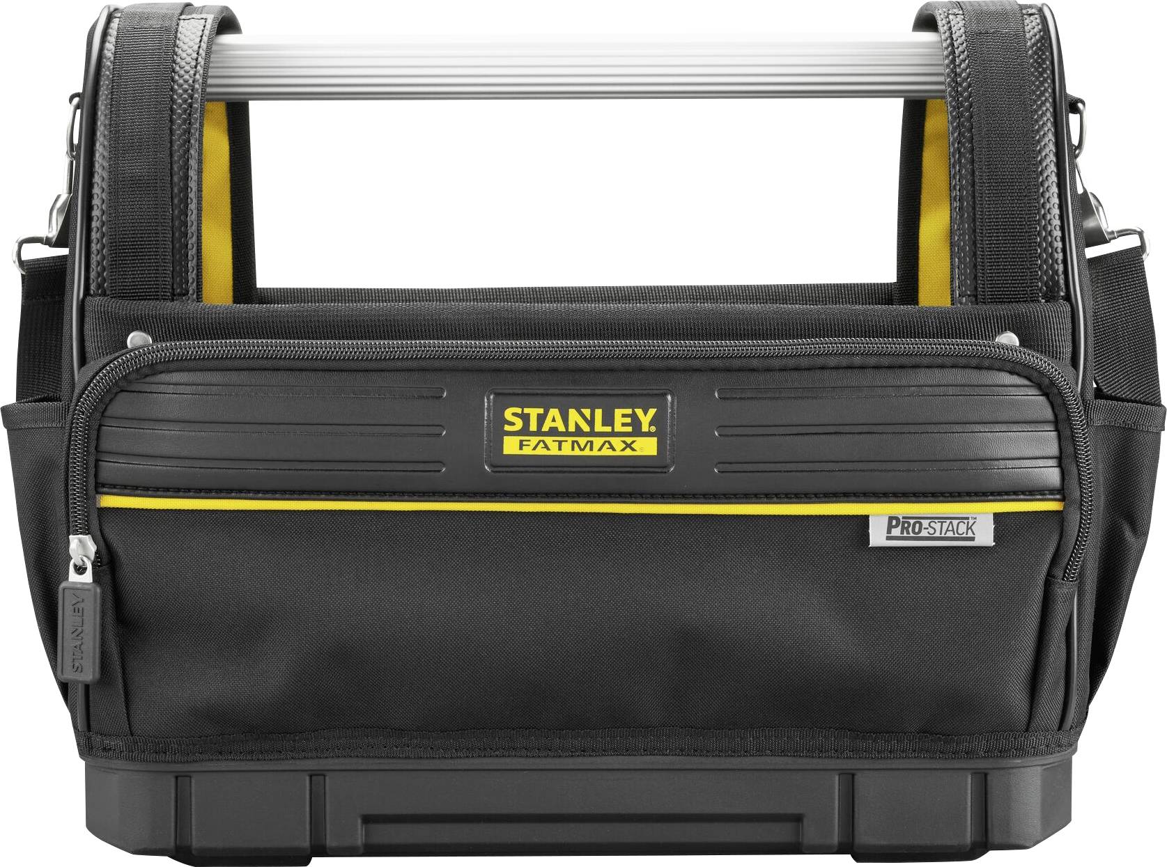 A black tool bag with an aluminium handle, yellow accents and zips. Carries the 'Stanley Fatmax Prostack' logo.