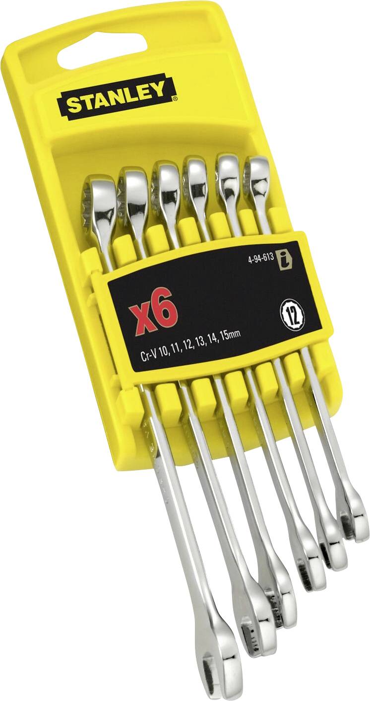 Set of six Stanley ratchet ring spanners in sizes 10-15 mm shown on yellow holder.