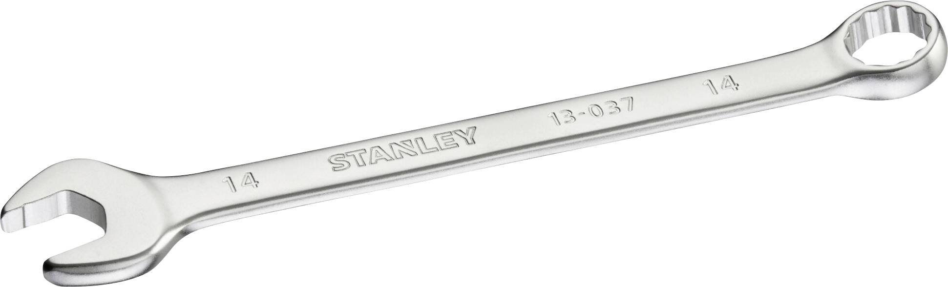 A silver combination spanner by 'Stanley' with the markings '14' and '13-037'.