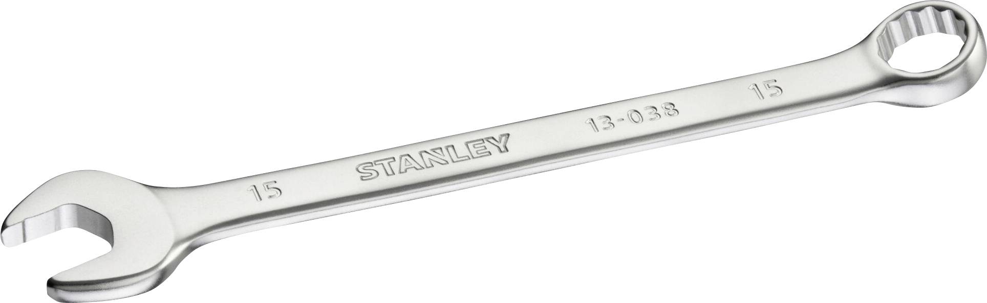 A silver fork ring spanner with the inscription 'STANLEY' in the centre. The number '15' is written on both ends.