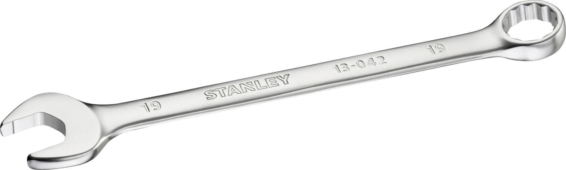 A silver-coloured 19-mm double ring spanner with an open end on one side and a ring on the other. Inscription: 'STANLEY 13-042'.