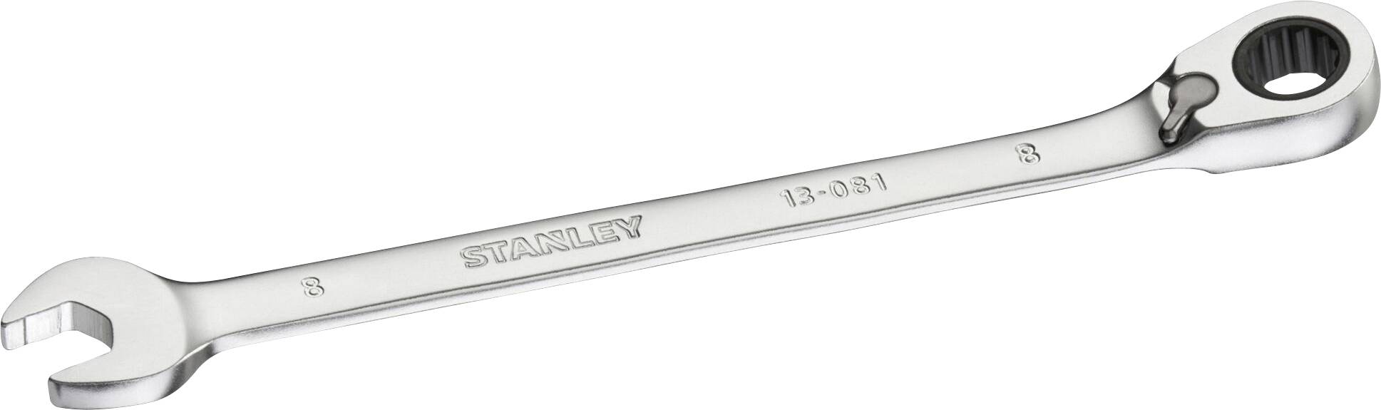 A silver Stanley series 13-081 ring spanner with open and ratchet ends.