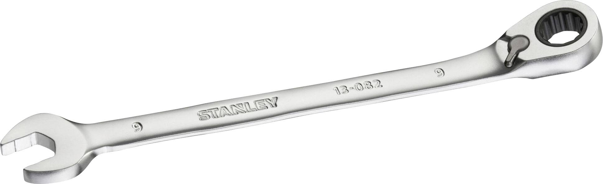 A adjustable spanner made of metal with an open and ratchet end. Inscription: 'Stanley' and '13-0832'. Suitable for tightening and loosening nuts.