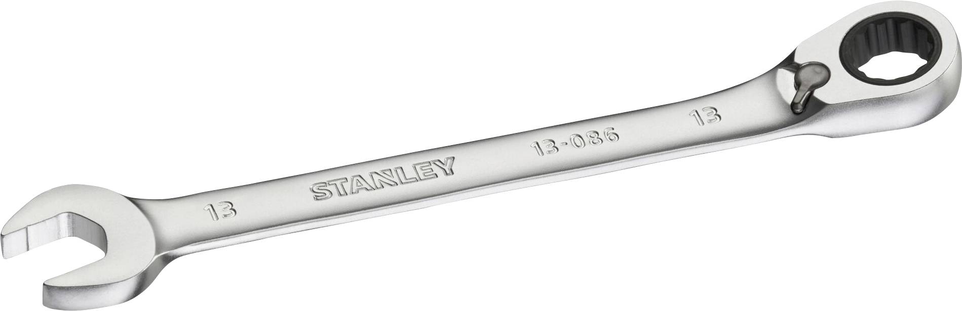 A silver spanner with two ends: one with an open-ended jaw and the other with a ratchet ring, both marked with '13'.