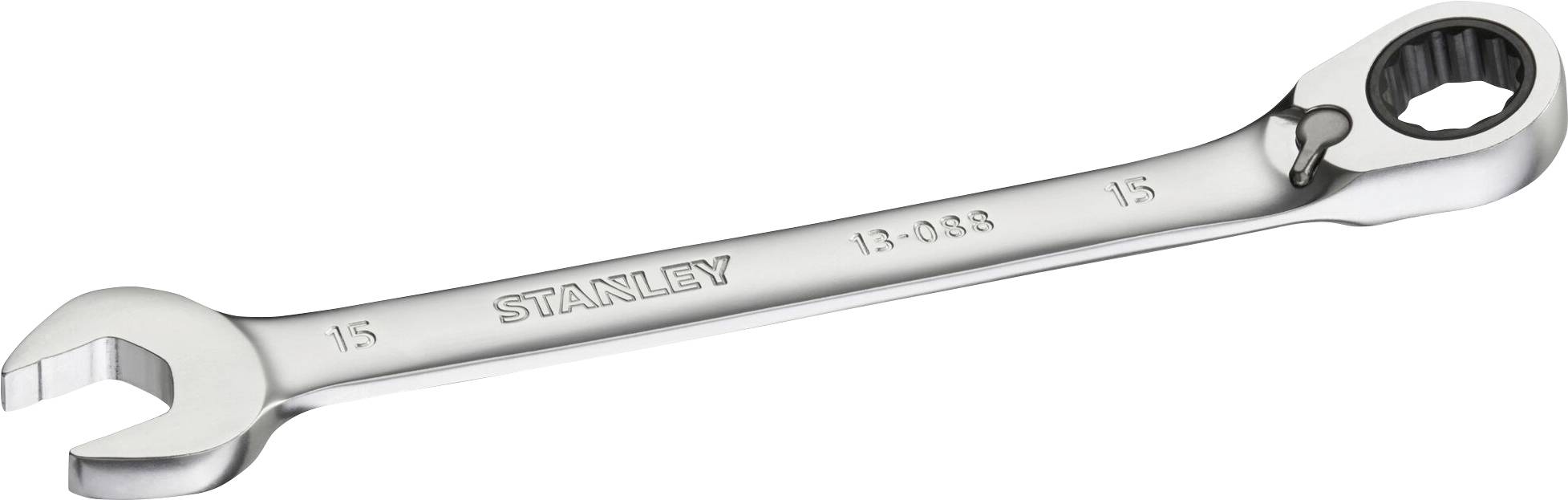A silver spanner with an open-ended and ring end, marked with '15' and 'STANLEY', on a white background.