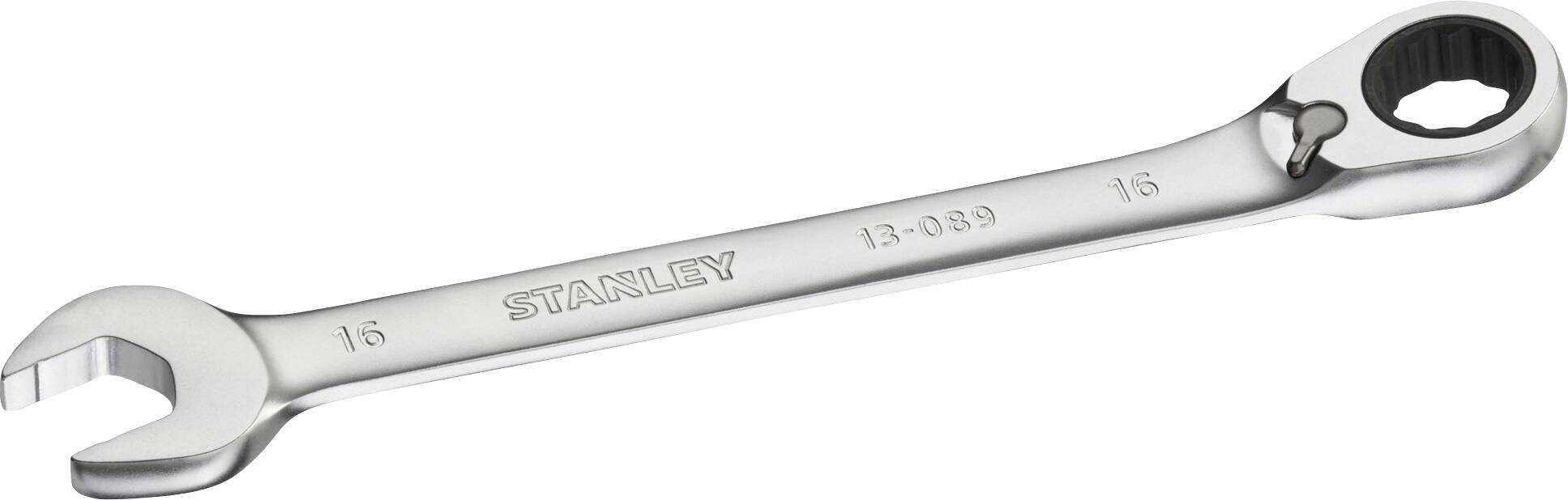 A silver spanner with an open and closed end. Inscription: 'STANLEY 13-0829 16'.
