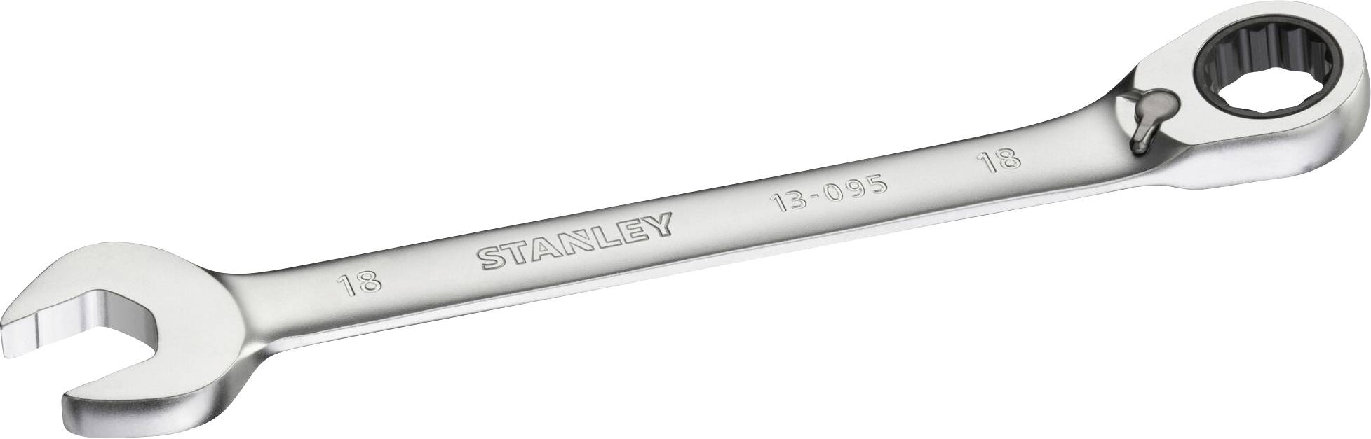 A silver ring spanner by Stanley, with an open and a closed end, size 18 mm.