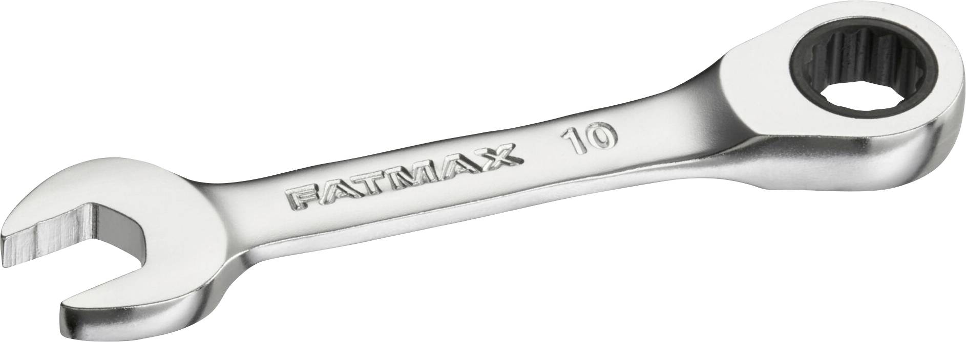A silver ring and open-ended spanner from the 'FATMAX' brand, size 10, lies diagonally.