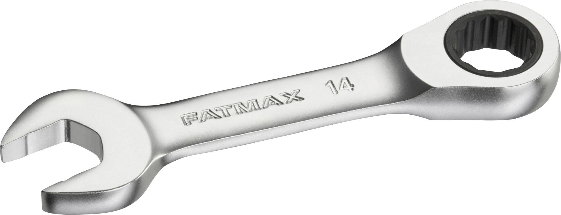 A silver spanner with the engraving 'FATMAX 14', showing an open and a closed side.